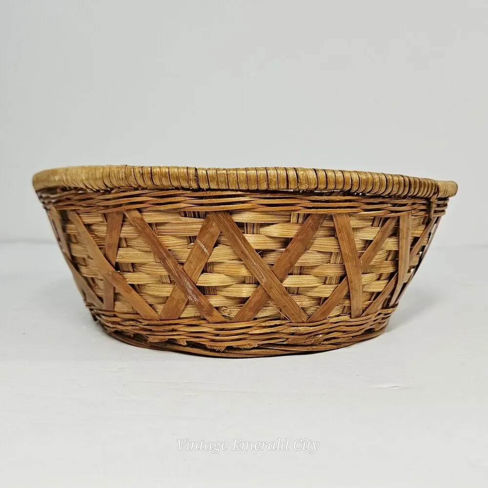 Vtg Round Open Woven Wicker Ratan Basket Catch All Bread Boho Decor MCM Handmade